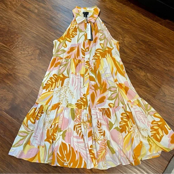 Nicole Miller Tropical Tiered Sleeveless Dress Size L - NEW - Picture 3 of 11